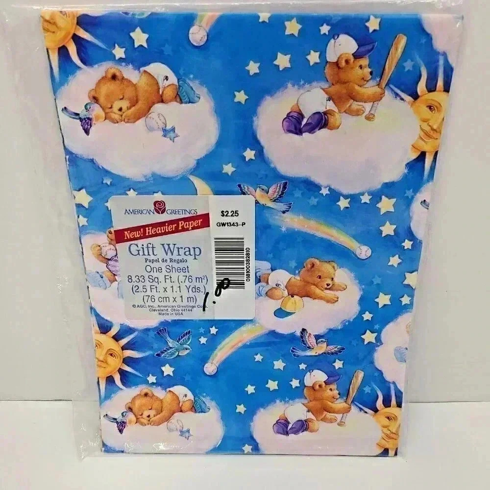 Vintage American Greetings Baby Boy Bear Gift Wrap 8.33 sq. ft. New in Package